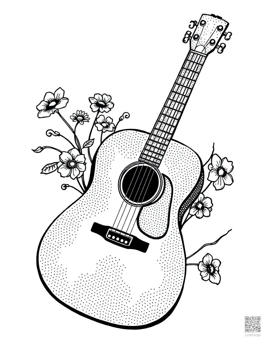 acoustic guitar with flowers growing from it coloring page Stipple style - free printable