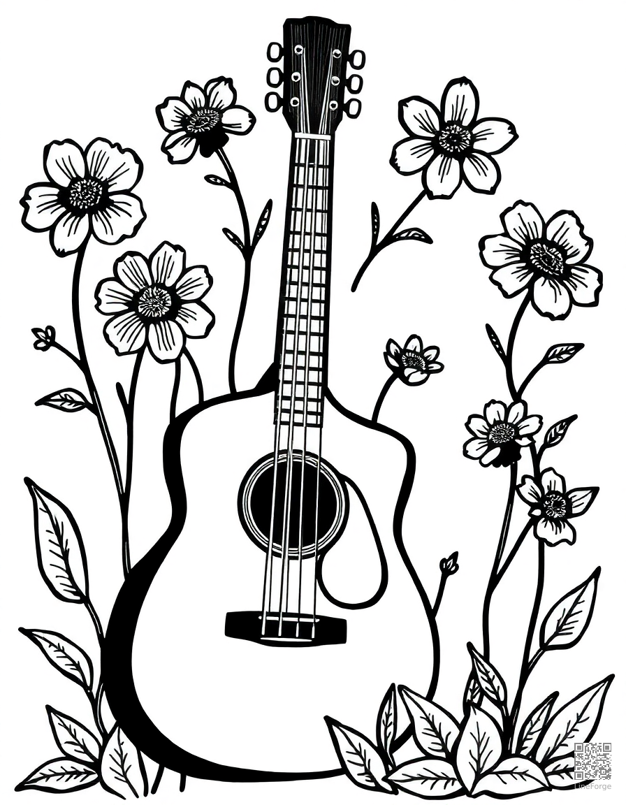acoustic guitar with flowers growing from it coloring page Woodcut style - free printable