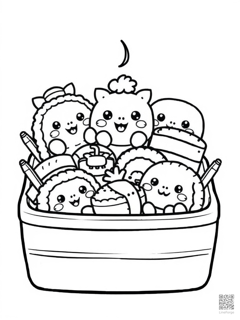 Adorable sushi characters in a bento box coloring page Contour style free printable