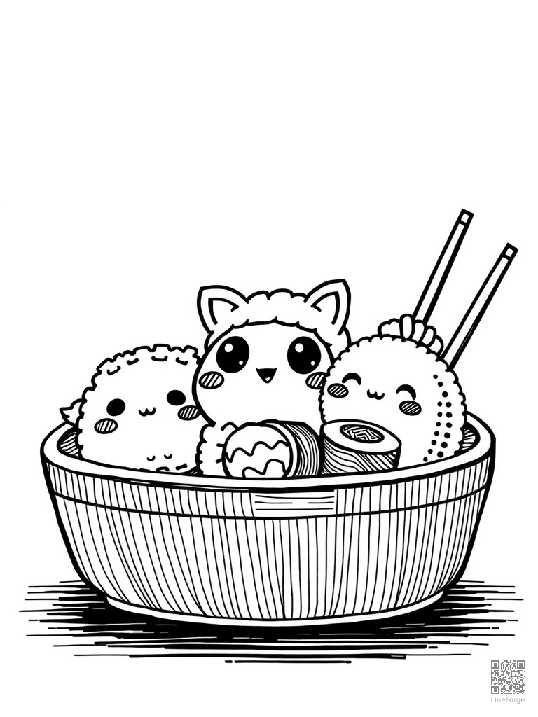 Adorable sushi characters in a bento box coloring page Crosshatch style free printable