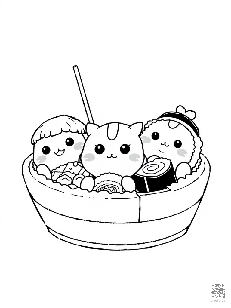Adorable sushi characters in a bento box coloring page Manga style free printable