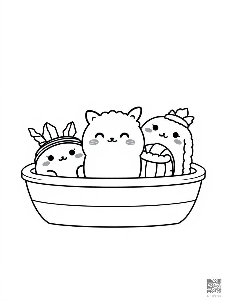 Adorable sushi characters in a bento box coloring page Minimal style free printable
