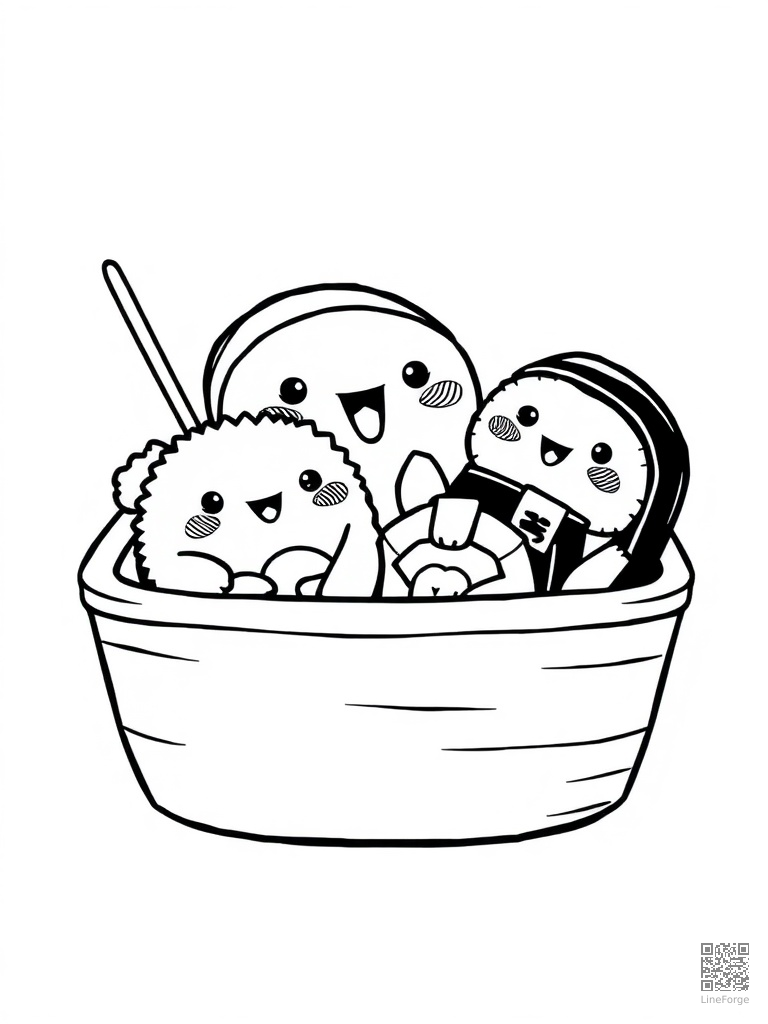 Adorable sushi characters in a bento box coloring page Woodcut style free printable