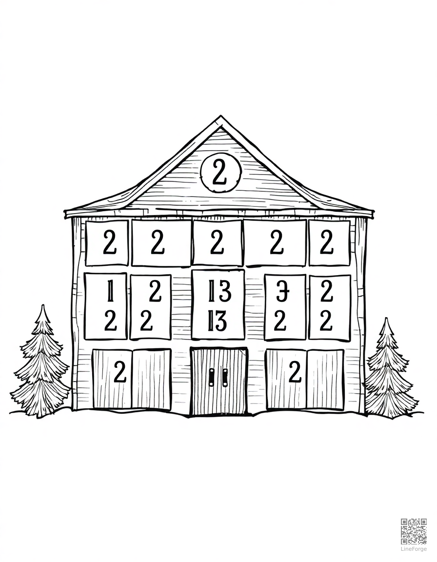 advent calendar with numbered doors coloring page Crosshatch style - free printable