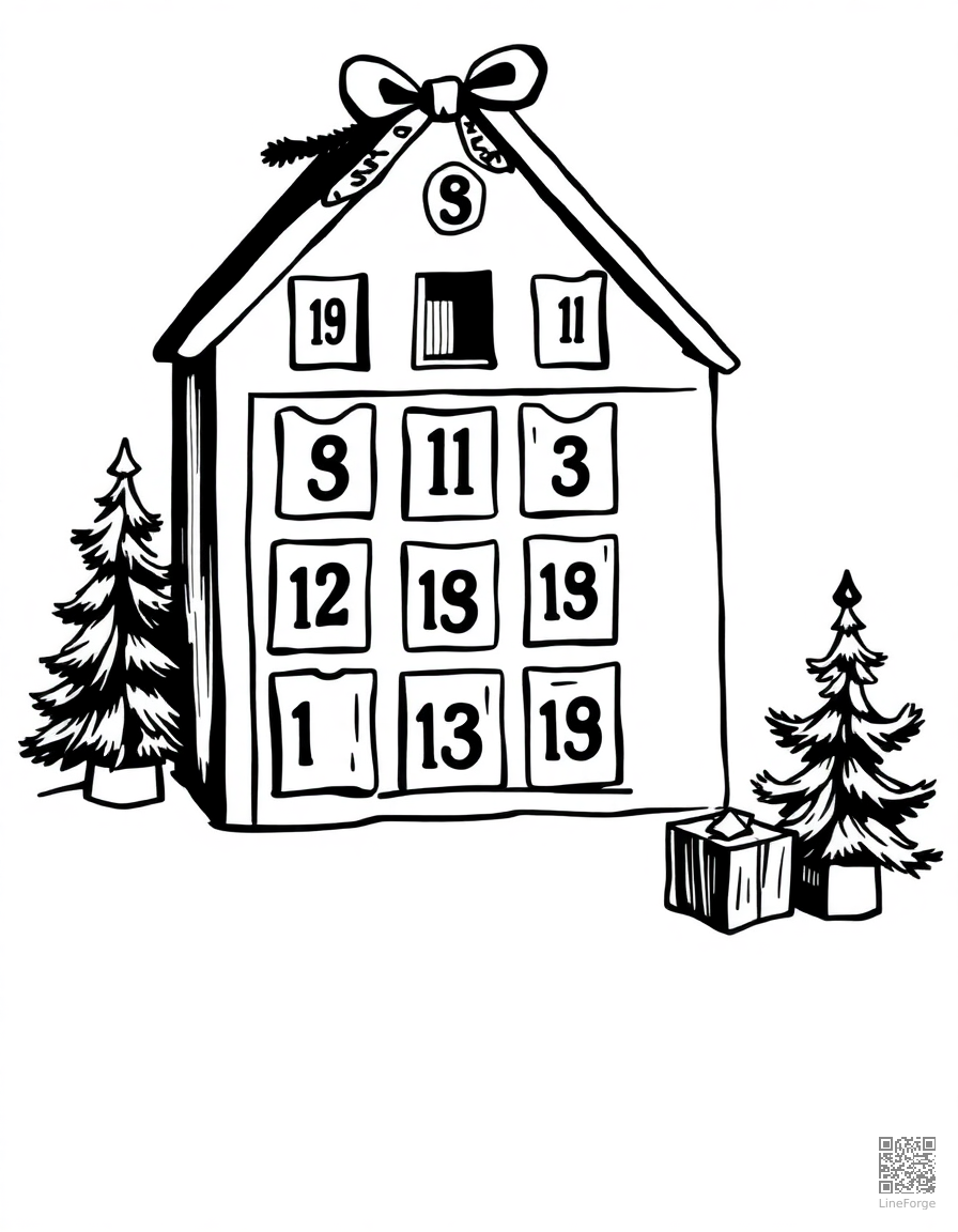 advent calendar with numbered doors coloring page Woodcut style - free printable