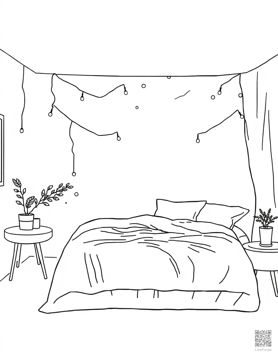 aesthetic bedroom with fairy lights coloring page Contour style - free printable
