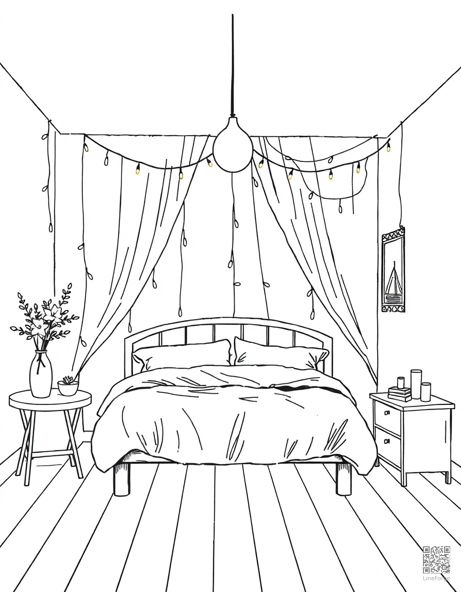 aesthetic bedroom with fairy lights coloring page Crosshatch style - free printable