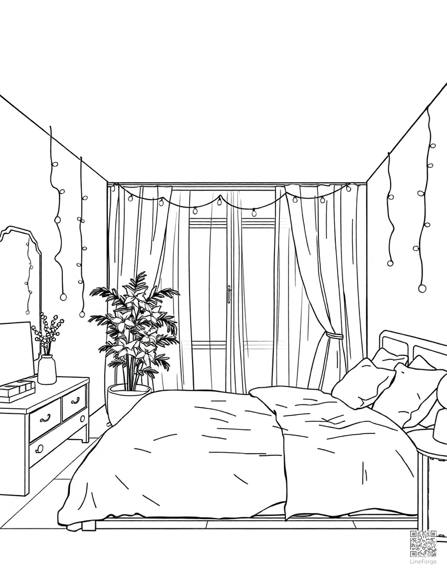 aesthetic bedroom with fairy lights coloring page Manga style - free printable