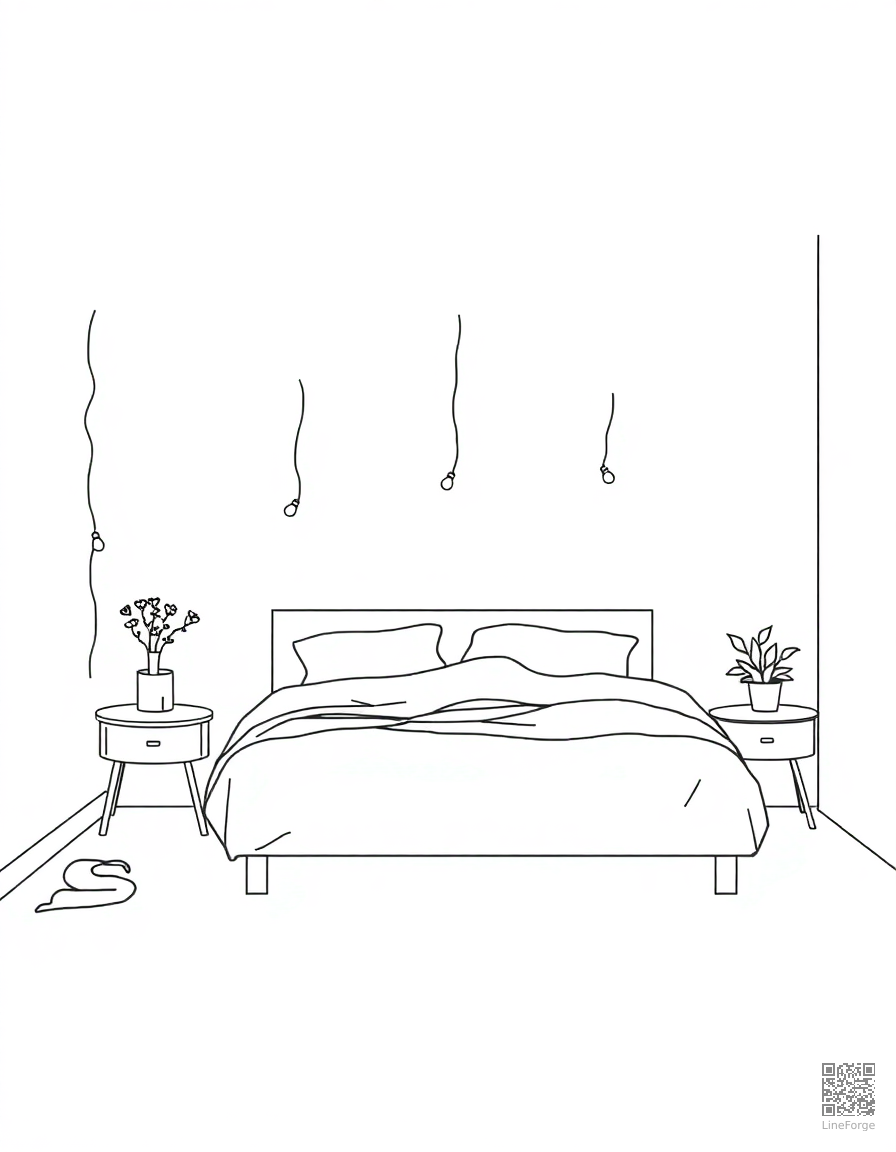 aesthetic bedroom with fairy lights coloring page Minimal style - free printable