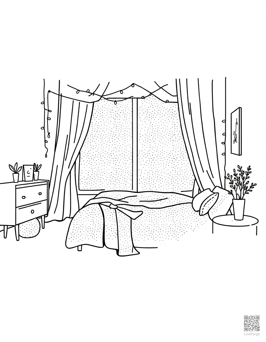 aesthetic bedroom with fairy lights coloring page Stipple style - free printable