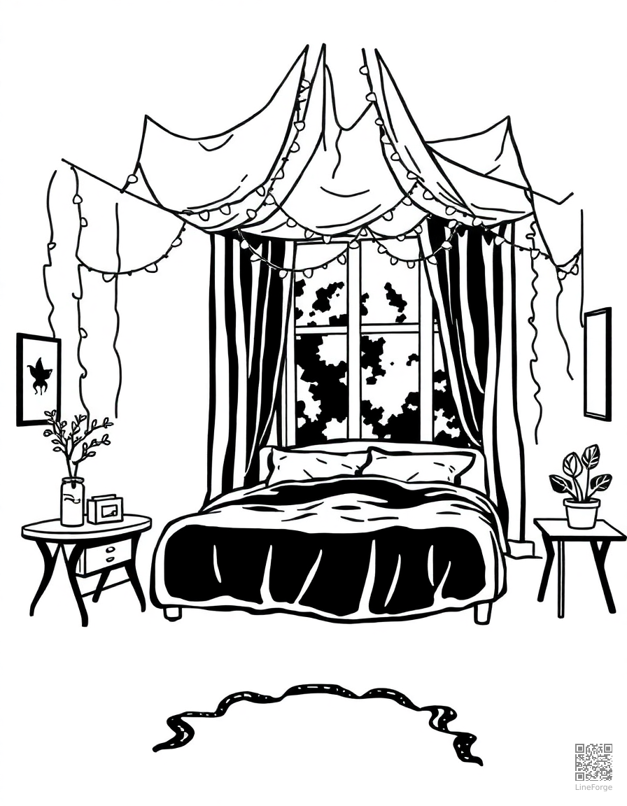 aesthetic bedroom with fairy lights coloring page Woodcut style - free printable