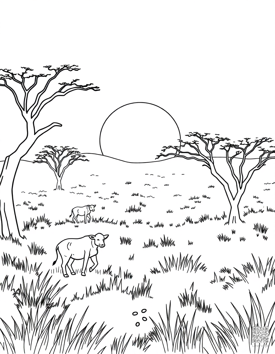 african safari savanna at sunset coloring page Contour style - free printable