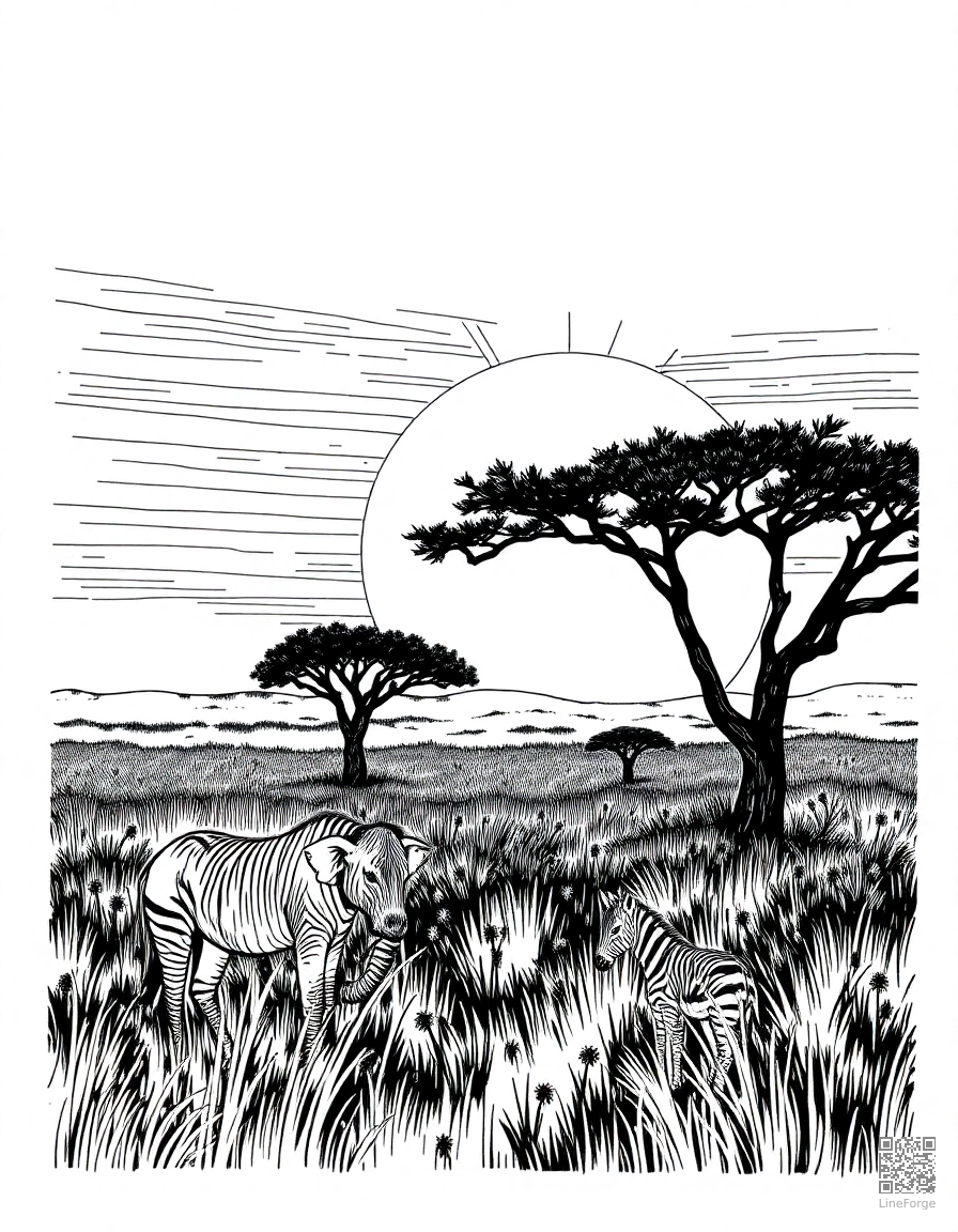 african safari savanna at sunset coloring page Crosshatch style - free printable