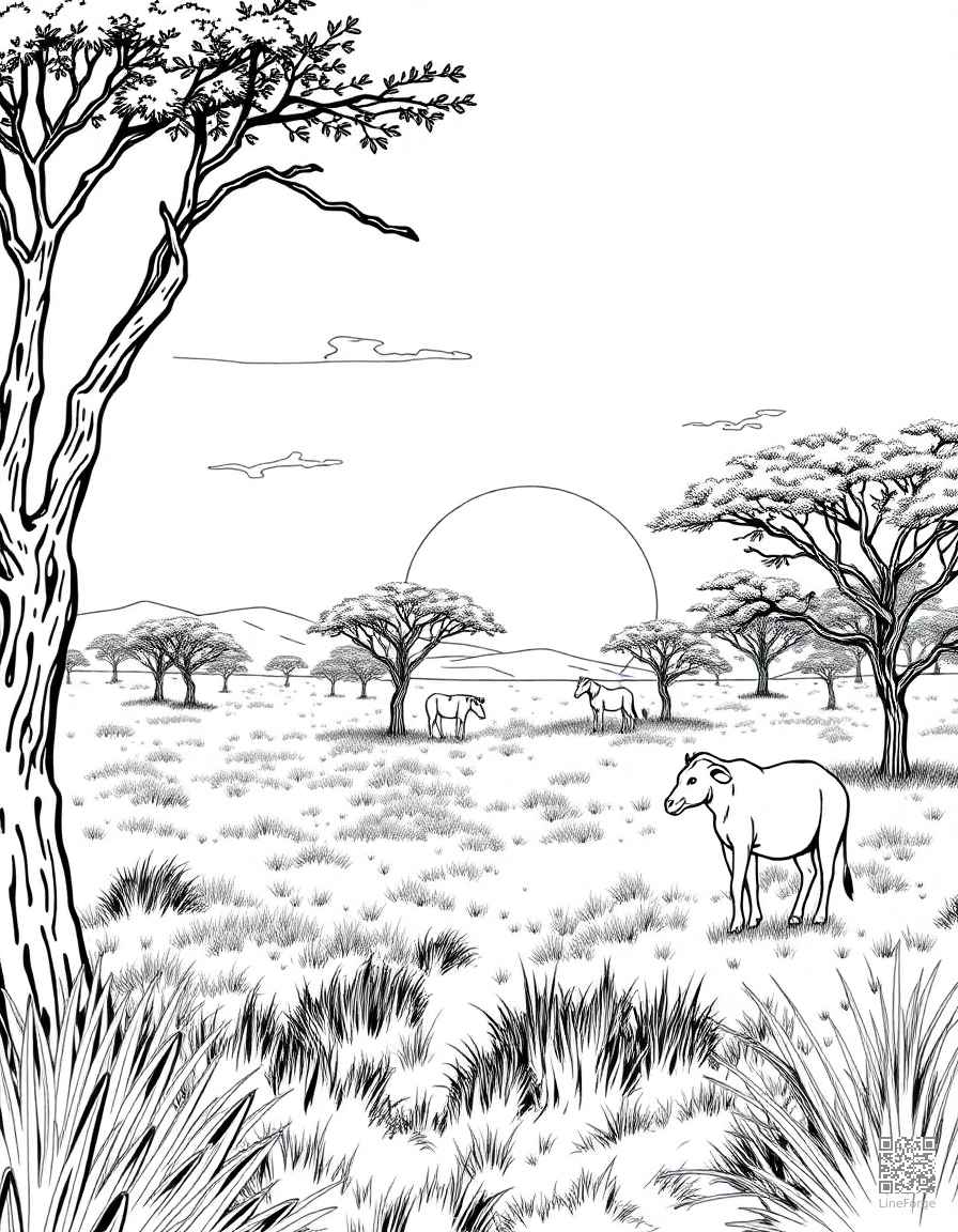 african safari savanna at sunset coloring page Manga style - free printable