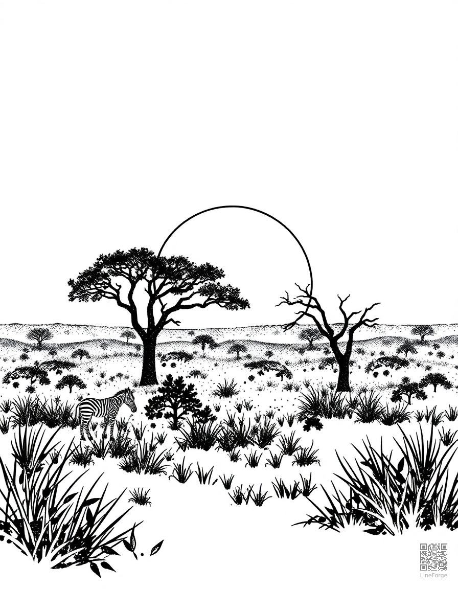 african safari savanna at sunset coloring page Stipple style - free printable