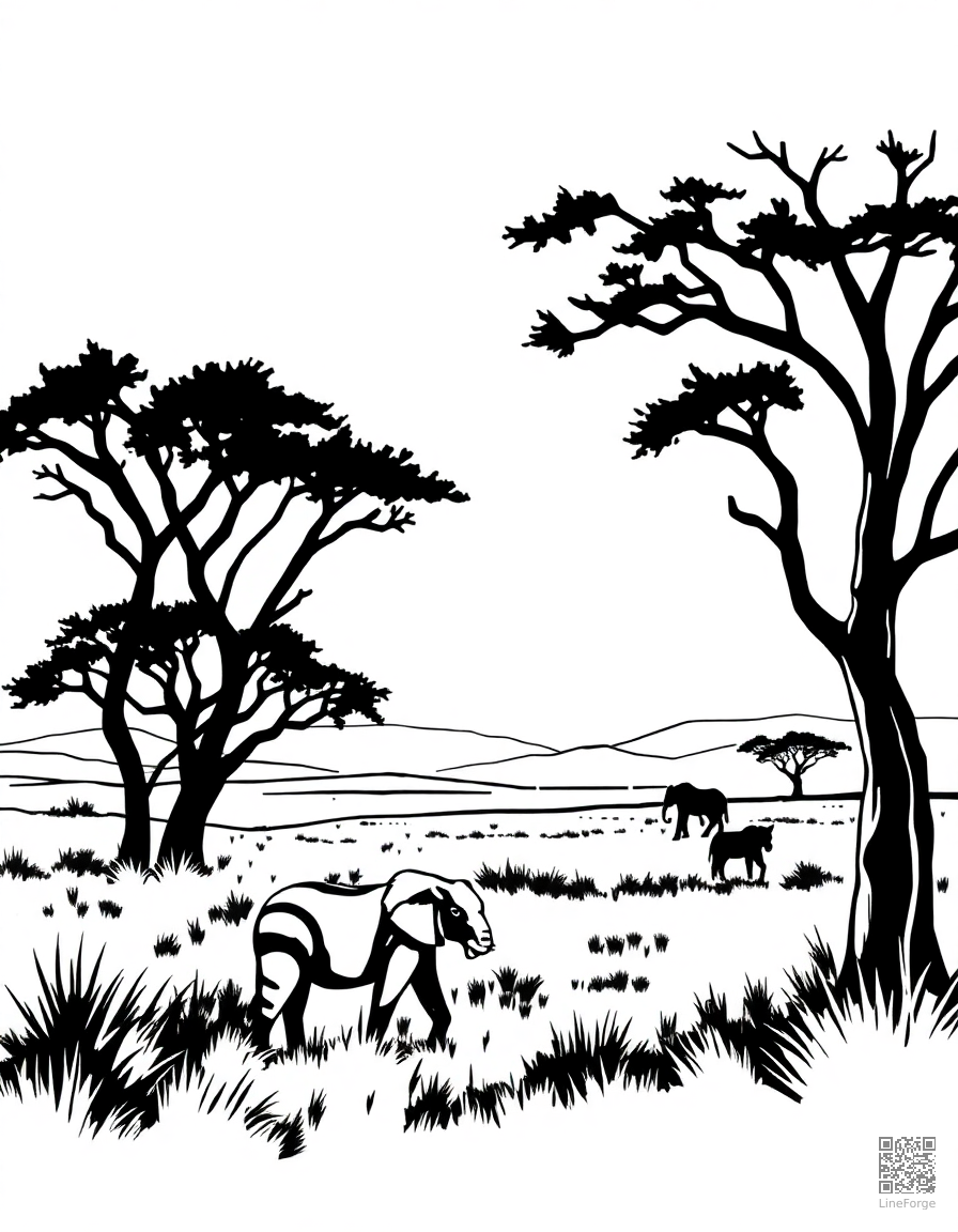 african safari savanna at sunset coloring page Woodcut style - free printable