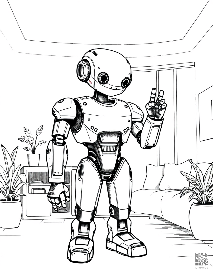 ai robot helper in a futuristic home coloring page Crosshatch style - free printable