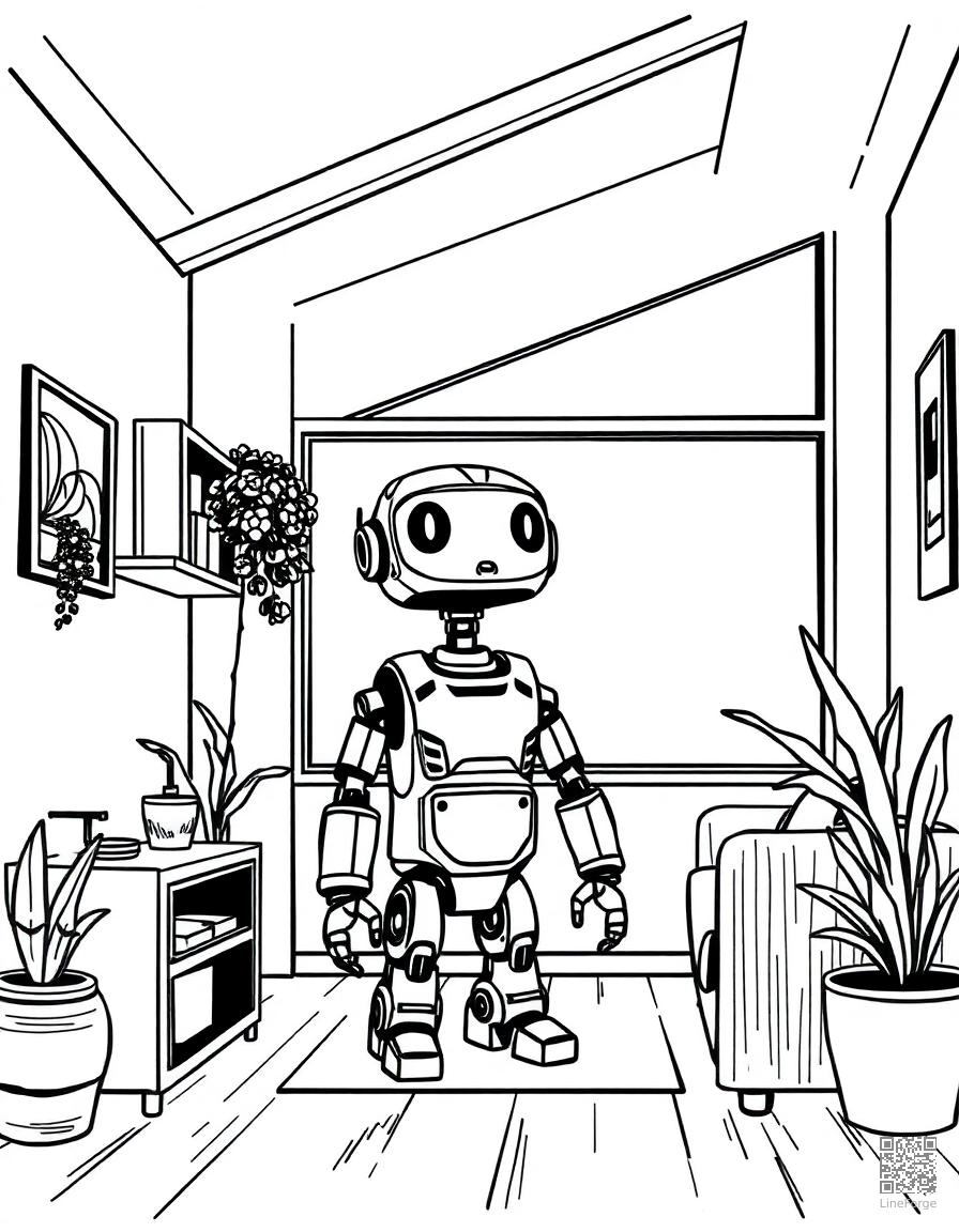 ai robot helper in a futuristic home coloring page Woodcut style - free printable