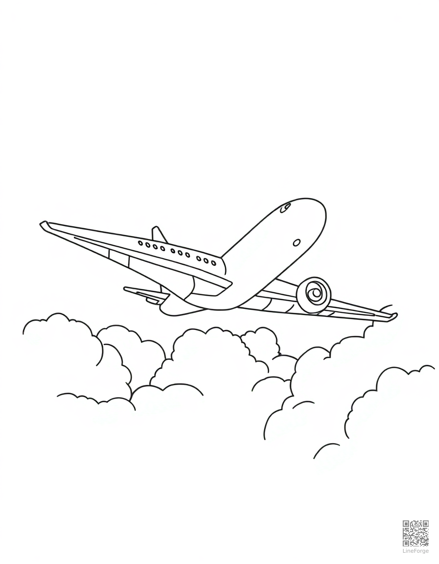 airplane flying through clouds coloring page Contour style - free printable