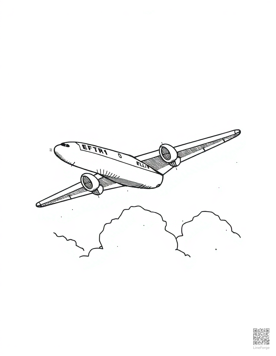 airplane flying through clouds coloring page Crosshatch style - free printable