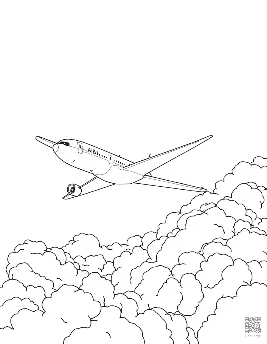 airplane flying through clouds coloring page Manga style - free printable