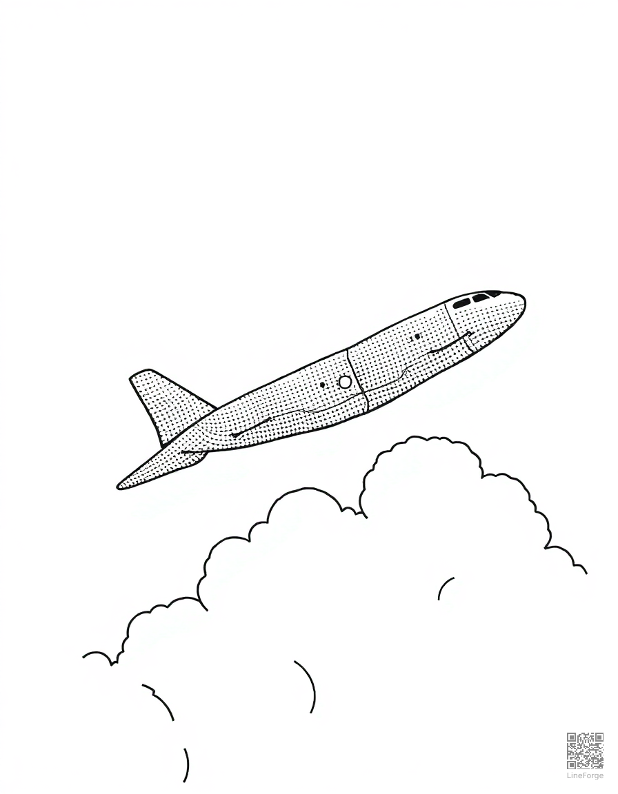 airplane flying through clouds coloring page Stipple style - free printable