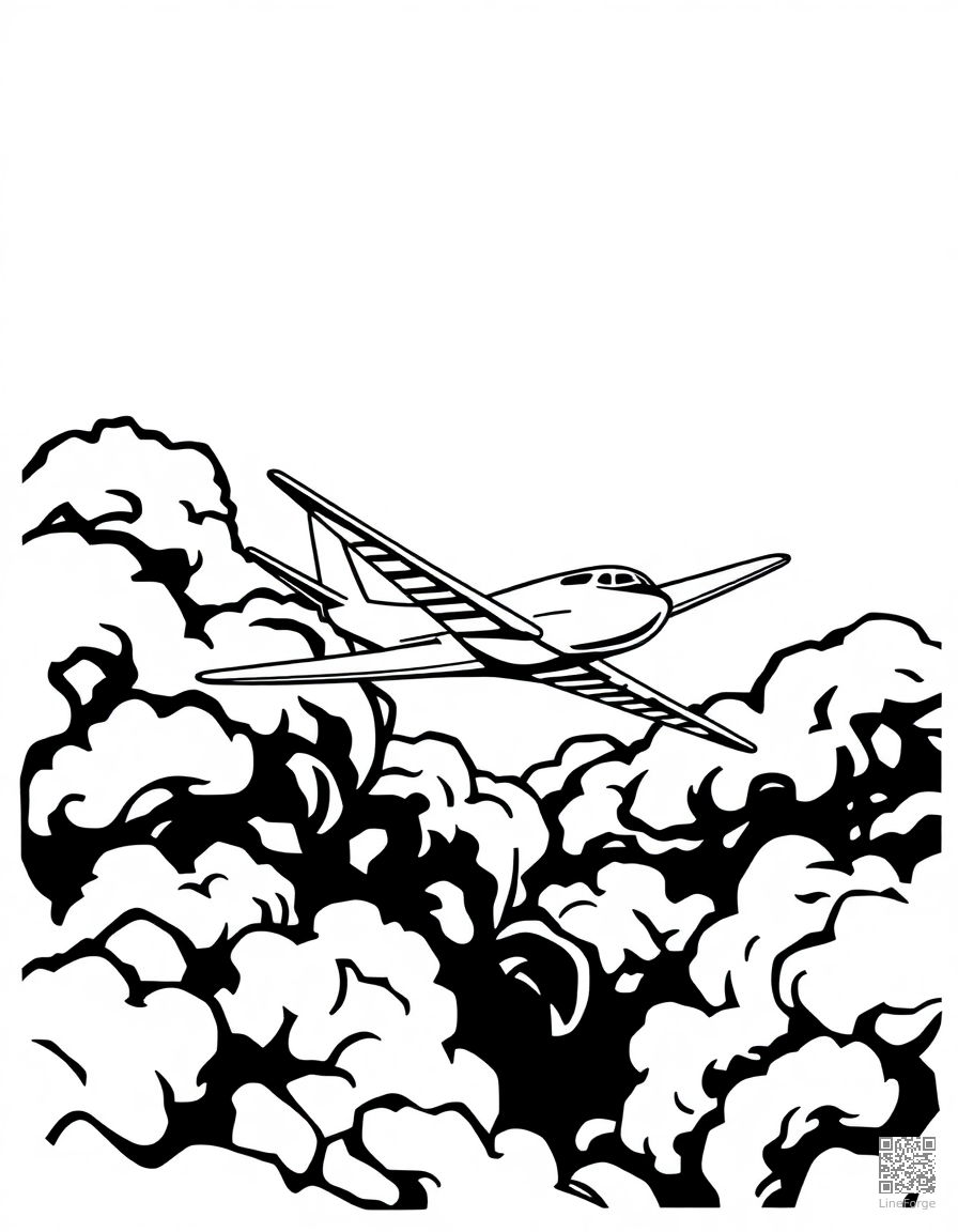 airplane flying through clouds coloring page Woodcut style - free printable