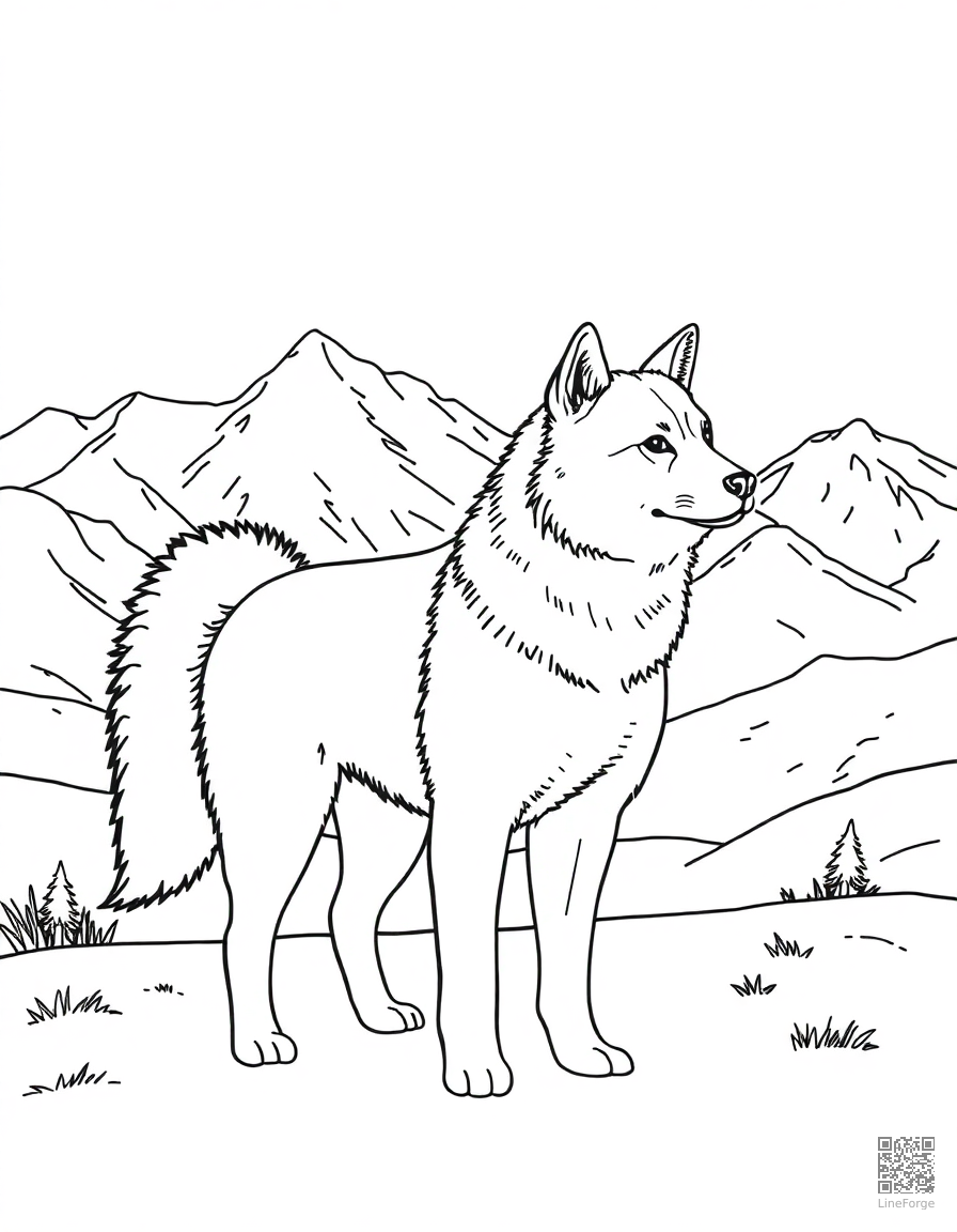 akita standing in a snowy mountain landscape coloring page Contour style free printable