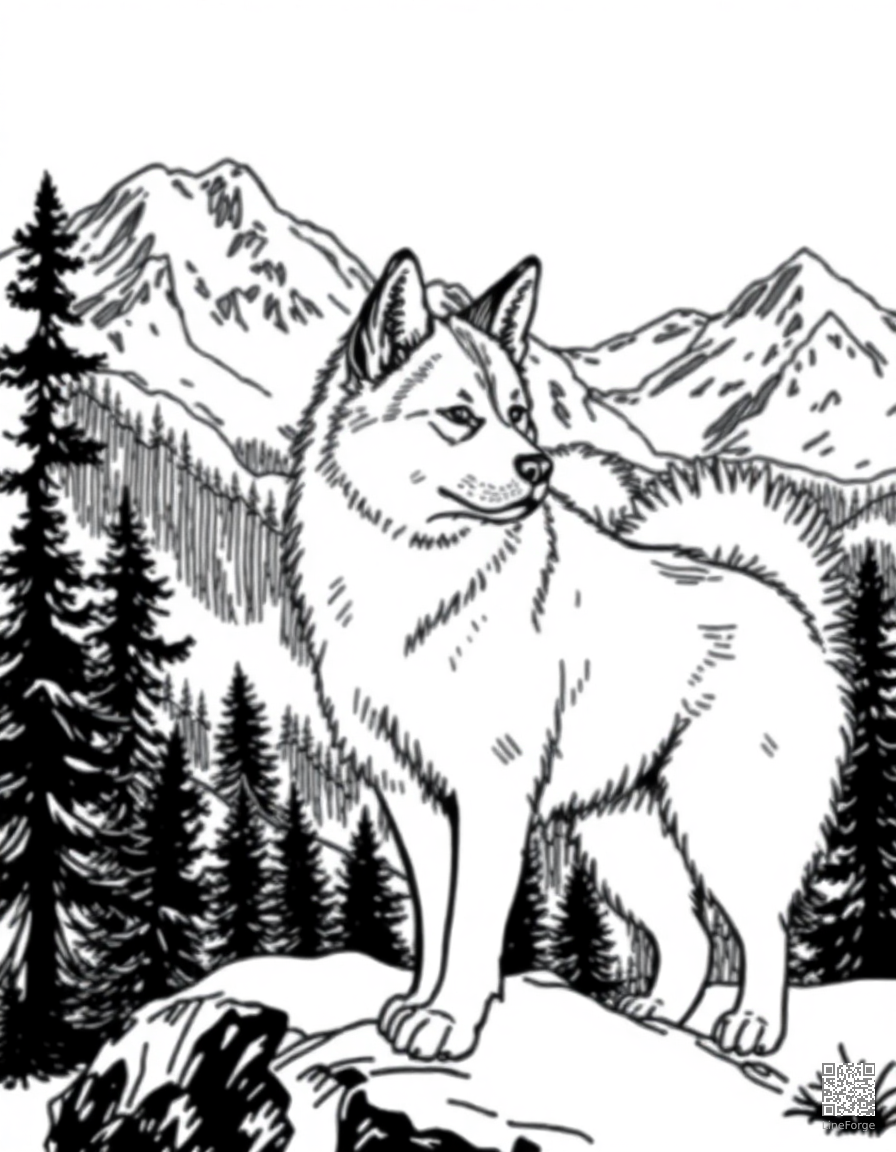 akita standing in a snowy mountain landscape coloring page Crosshatch style free printable