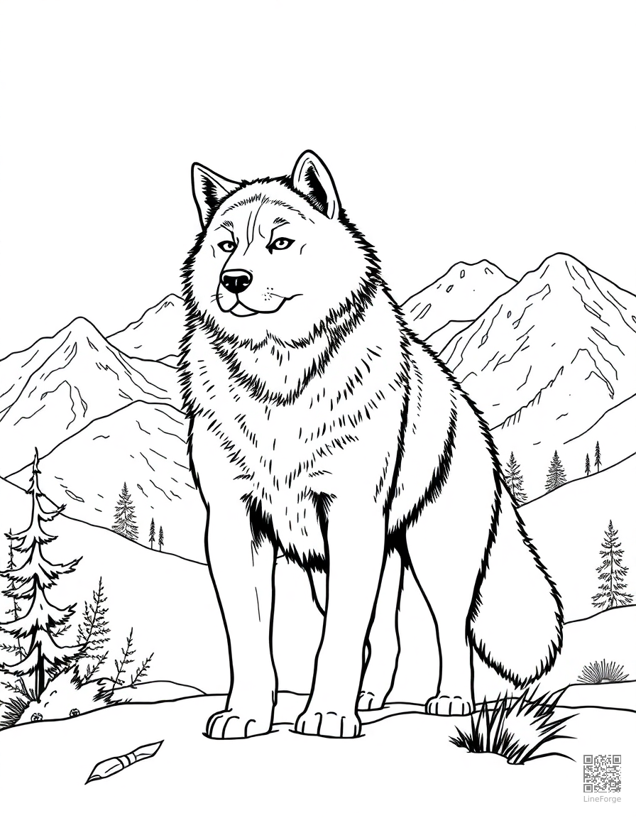 akita standing in a snowy mountain landscape coloring page Manga style free printable