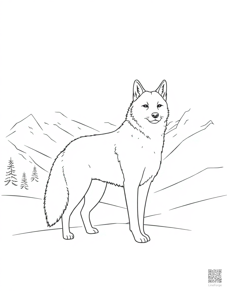 akita standing in a snowy mountain landscape coloring page Minimal style free printable