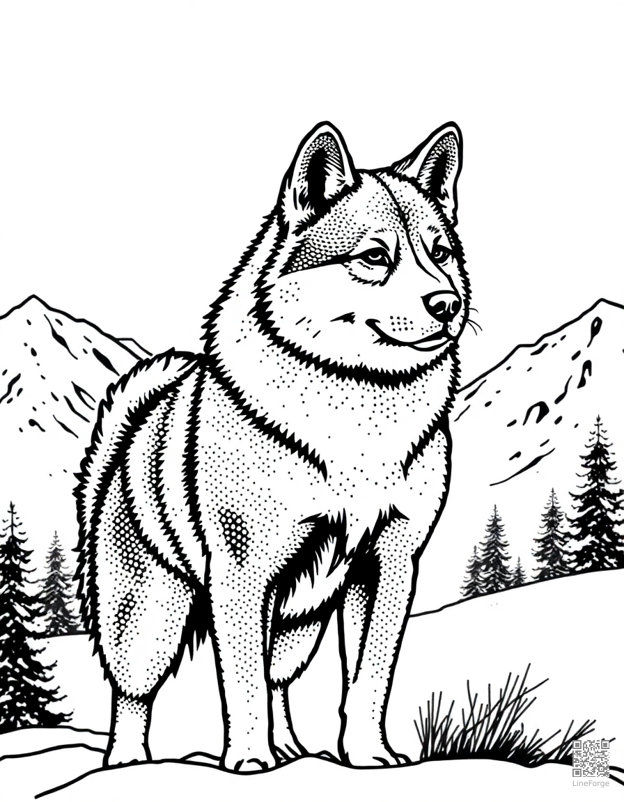 akita standing in a snowy mountain landscape coloring page Stipple style free printable