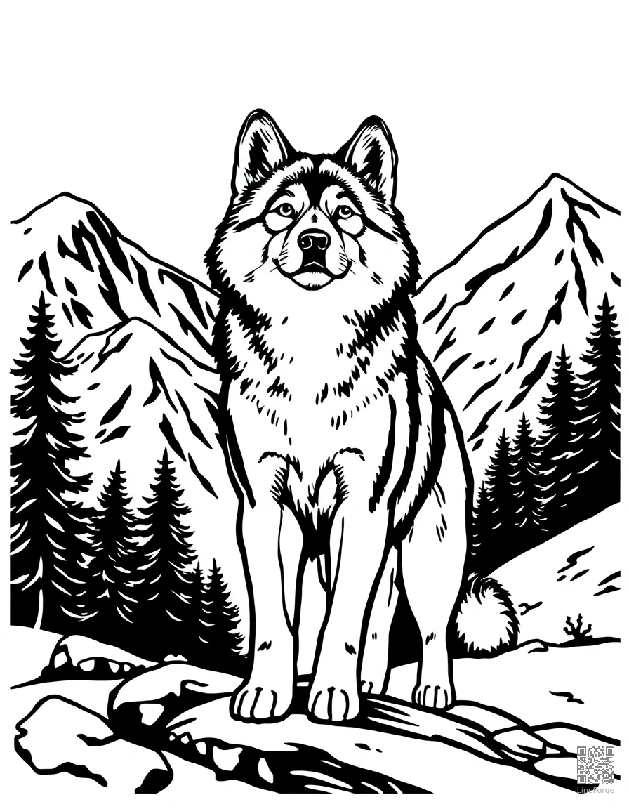 akita standing in a snowy mountain landscape coloring page Woodcut style free printable