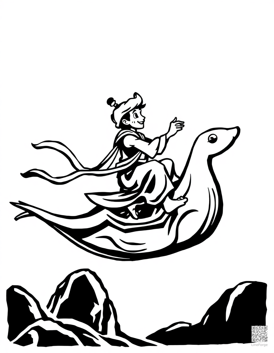 aladdin on a magic carpet ride coloring page Woodcut style - free printable