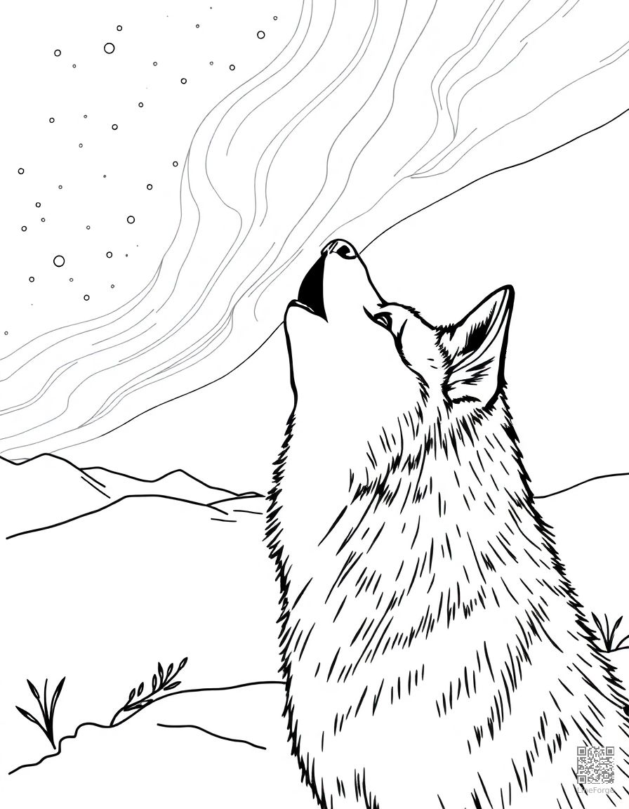 alaskan malamute howling at the northern lights coloring page Contour style - free printable