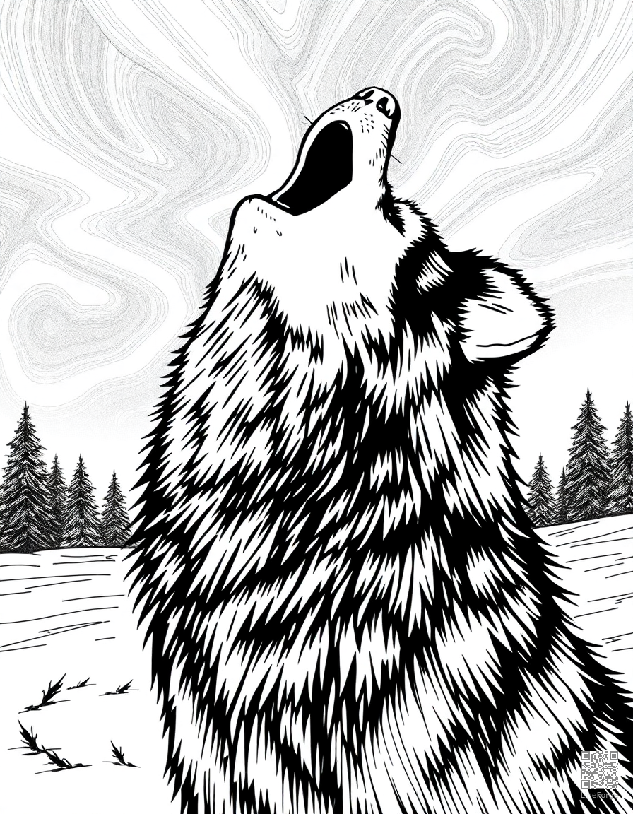 alaskan malamute howling at the northern lights coloring page Crosshatch style - free printable