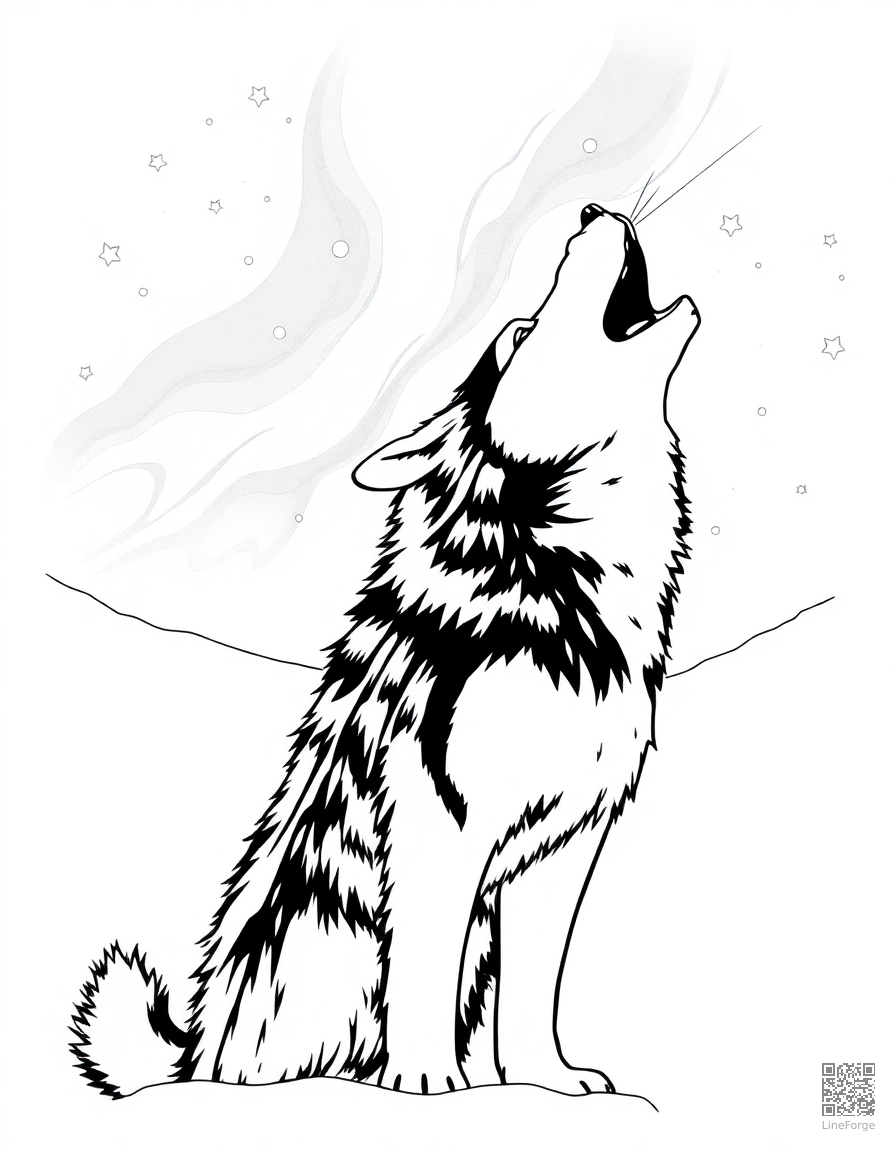 alaskan malamute howling at the northern lights coloring page Manga style - free printable