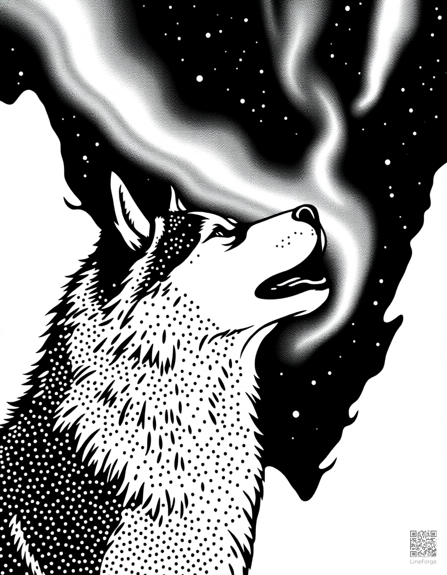 alaskan malamute howling at the northern lights coloring page Stipple style - free printable