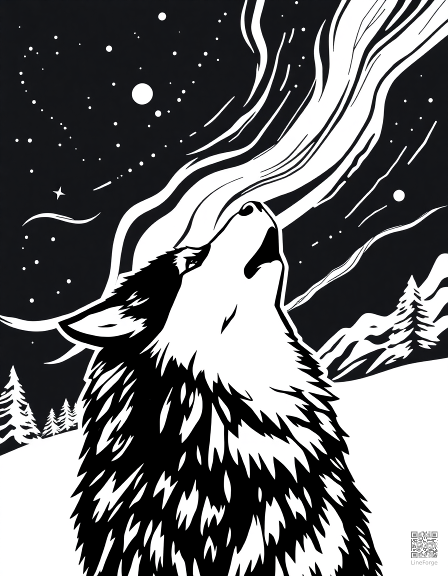 alaskan malamute howling at the northern lights coloring page Woodcut style - free printable