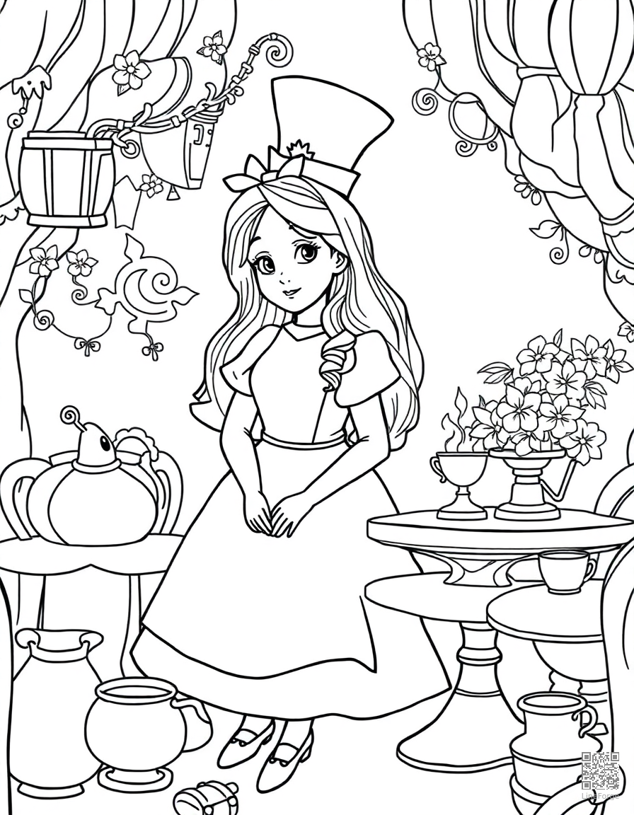 Free alice at the mad hatters tea party coloring page in contour style — printable line art