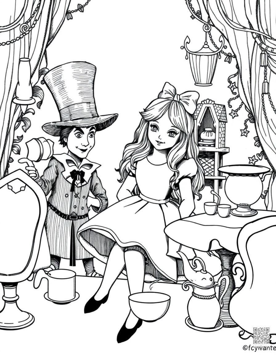 alice at the mad hatters tea party coloring page Crosshatch style free printable