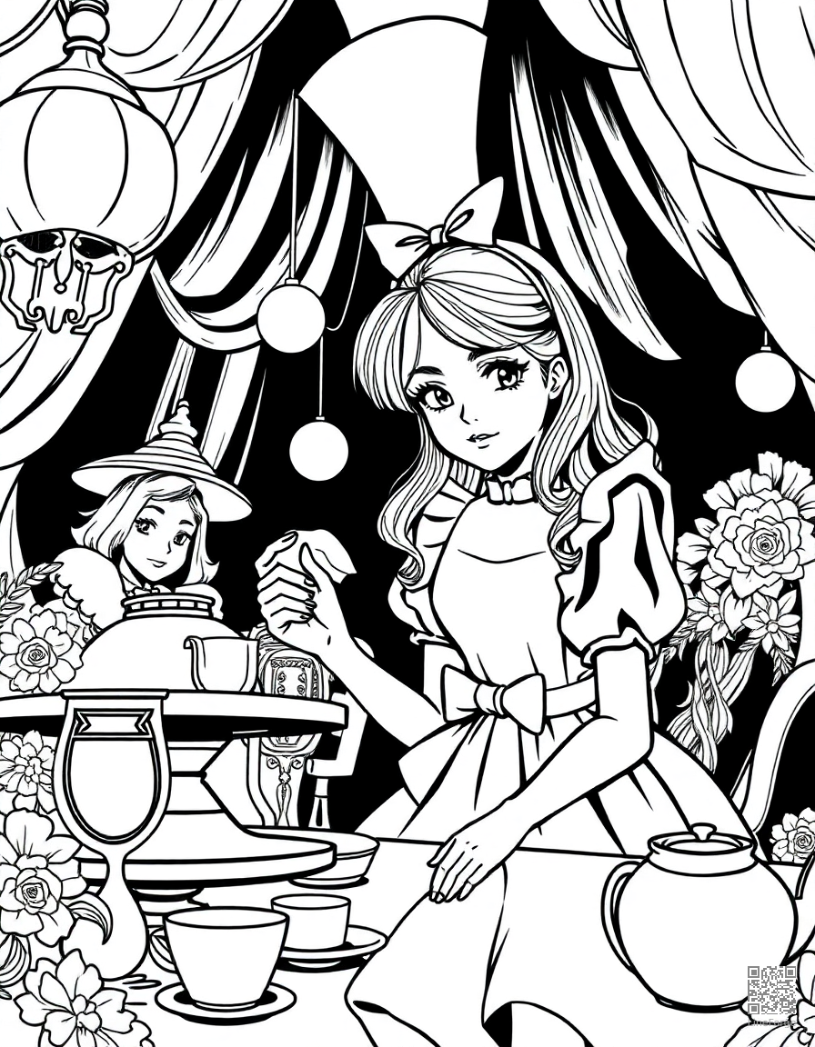 alice at the mad hatters tea party coloring page Manga style free printable