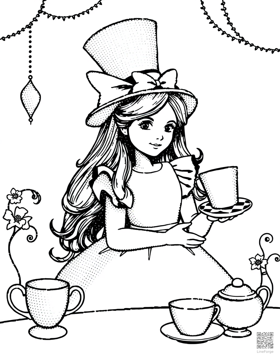 alice at the mad hatters tea party coloring page Stipple style free printable