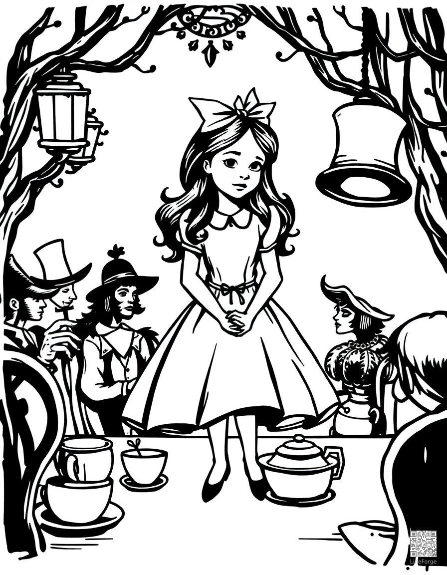 alice at the mad hatters tea party coloring page Woodcut style free printable