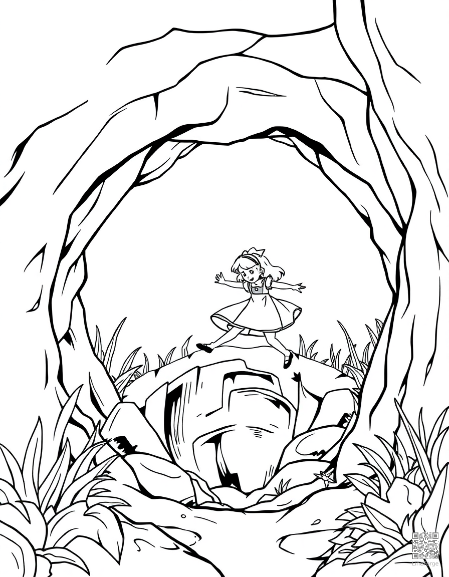 alice falling down the rabbit hole coloring page Contour style - free printable