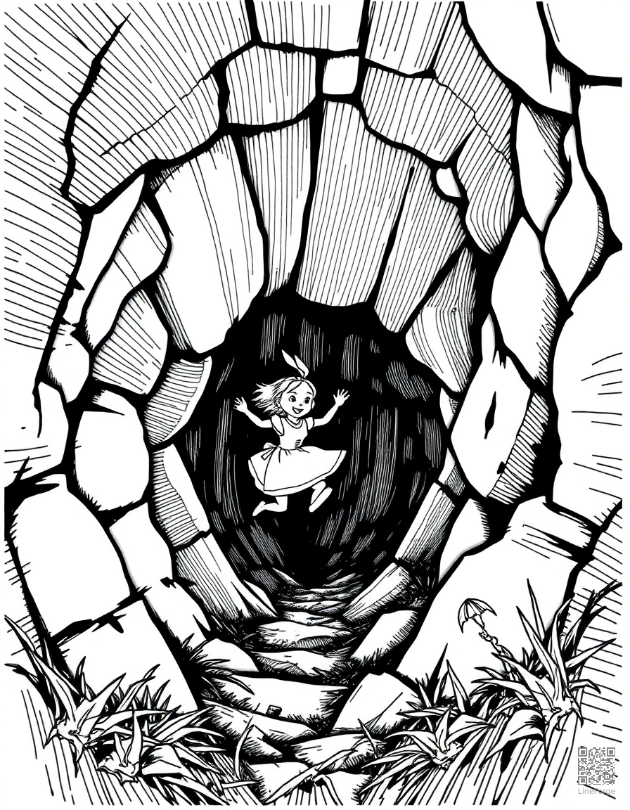 alice falling down the rabbit hole coloring page Crosshatch style - free printable