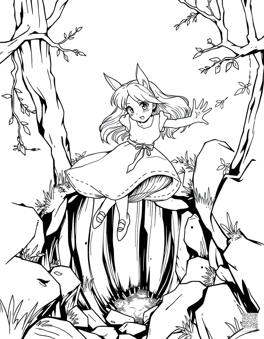 alice falling down the rabbit hole coloring page Manga style - free printable