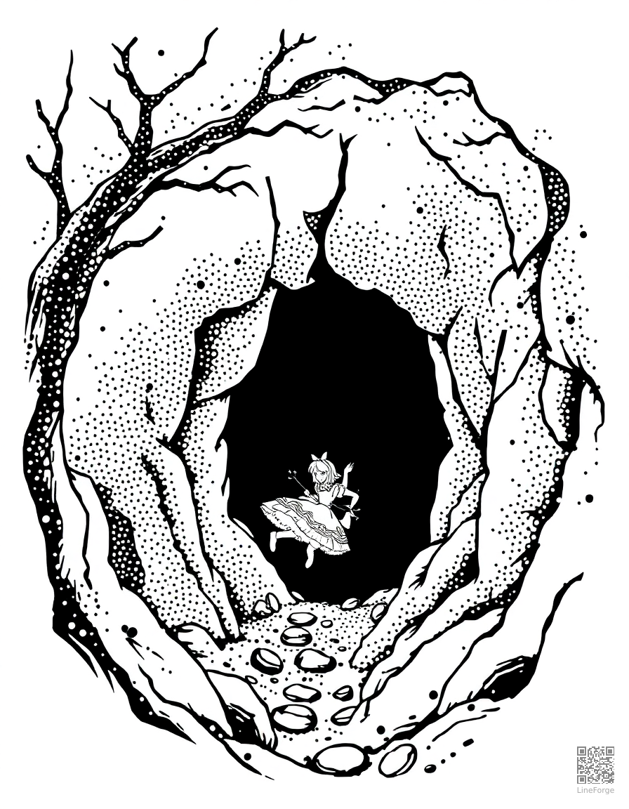 alice falling down the rabbit hole coloring page Stipple style - free printable