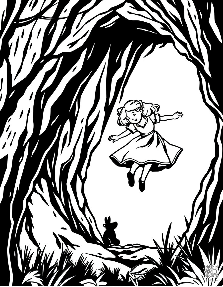 alice falling down the rabbit hole coloring page Woodcut style - free printable