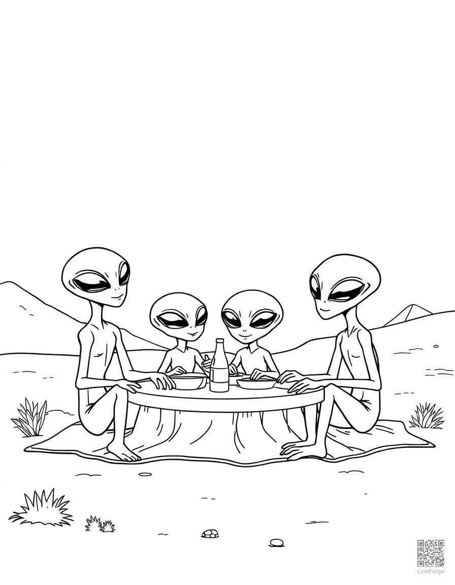 alien family having a picnic on mars coloring page Contour style - free printable